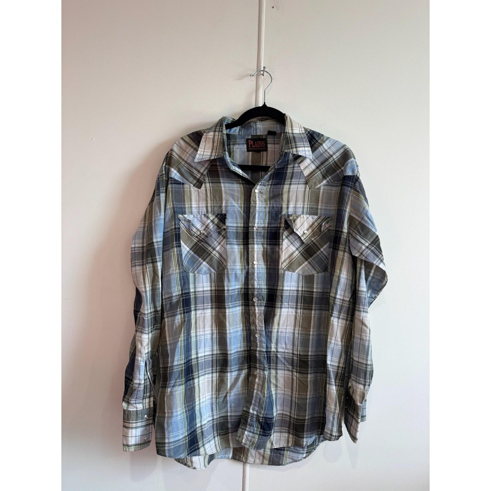 Plains Western Wear Shirt Mens Large Blue Plaid Western Pearl Snap‎ Long Sleeve
